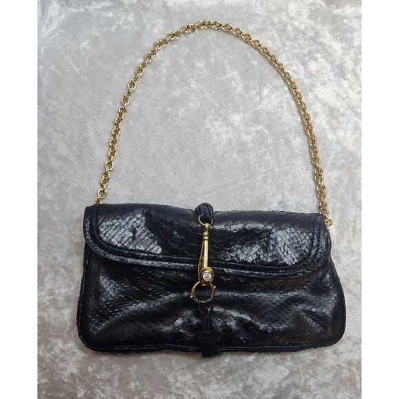 henri bendel Handbags - Henri Bendel Black Snake Leather Gold Chain Shoulder Clutch Bag